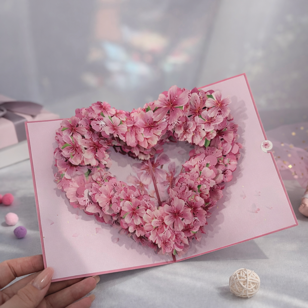 3D Pop-Up Sakura Heart Greeting Card